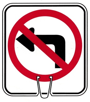 No Left Turn Symbol Delineator or Traffic Barrel Sign